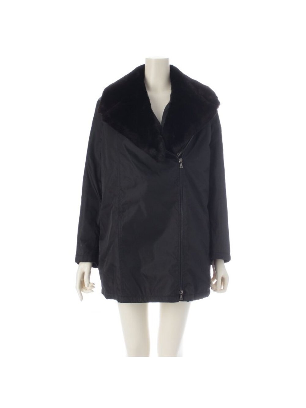 Prada W Archive Leather Nylon Fur Contrast Rider's Coat Black 42